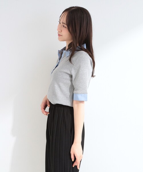 SHOO・LA・RUE（シューラルー）の「【洗濯機可/S-LL】シャツレイヤード風 テレコポロトップス（Tシャツ/カットソー・レディース・ブラック/グレー・04/03/02/01）」の4枚目の写真