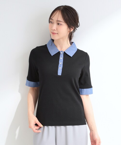 SHOO・LA・RUE（シューラルー）の「【洗濯機可/S-LL】シャツレイヤード風 テレコポロトップス（Tシャツ/カットソー・レディース・ブラック/グレー・04/03/02/01）」の7枚目の写真