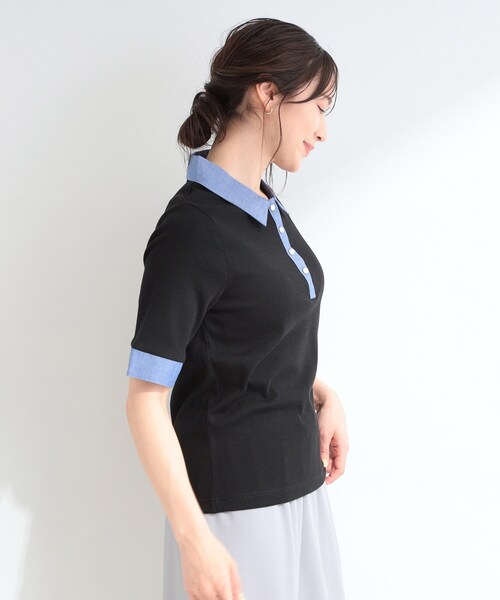 SHOO・LA・RUE（シューラルー）の「【洗濯機可/S-LL】シャツレイヤード風 テレコポロトップス（Tシャツ/カットソー・レディース・ブラック/グレー・04/03/02/01）」の8枚目の写真