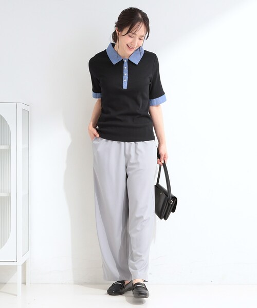 SHOO・LA・RUE（シューラルー）の「【洗濯機可/S-LL】シャツレイヤード風 テレコポロトップス（Tシャツ/カットソー・レディース・ブラック/グレー・04/03/02/01）」の9枚目の写真