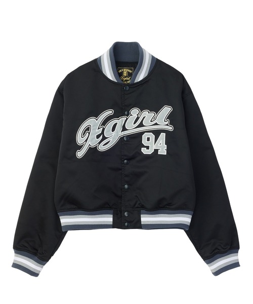 X-girl(エックスガール)の「LOGO AND NUMBER VARSITY JACKET(ナイロンジャケット・レディース・ブラック/ブラウン・S/M)」の2枚目の写真