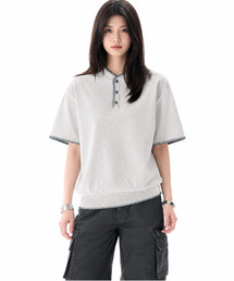 【neos】ヘンリーネック 配色ステッチ 半袖 ニットソー カットソー メンズ レディース オーバーサイズ Tシャツ ルーズシルエット 韓国モード ユニセックス