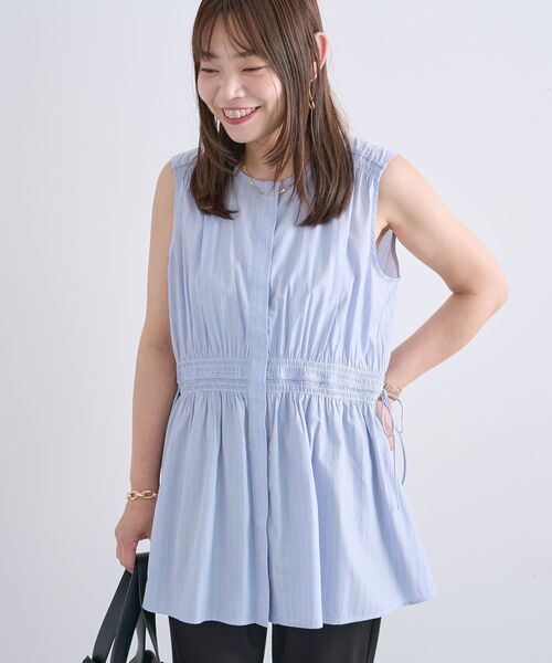 Green Parks(グリーンパークス)の「ウエストシャーリングブラウス(シャツ/ブラウス・レディース・グレー/サックスブルー/ホワイト・FREE)」の11枚目の写真
