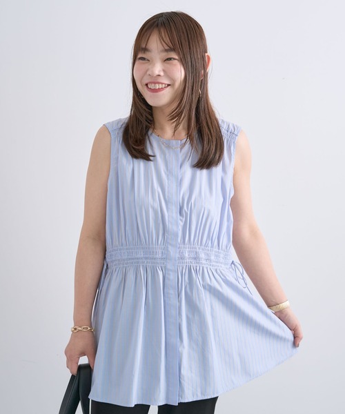 Green Parks(グリーンパークス)の「ウエストシャーリングブラウス(シャツ/ブラウス・レディース・グレー/サックスブルー/ホワイト・FREE)」の3枚目の写真