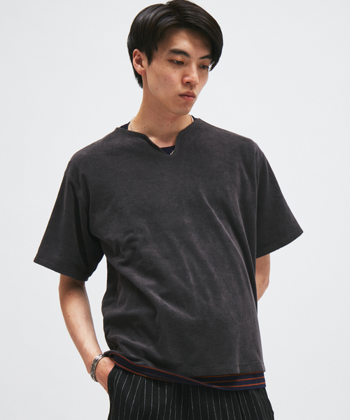JOURNAL STANDARD（ジャーナルスタンダード）の「パイル キーネック Tシャツ（Tシャツ/カットソー・メンズ・ブラック系その他/ホワイト×ホワイト/ベージュ/オレンジ・MEDIUM/LARGE）」の3枚目の写真