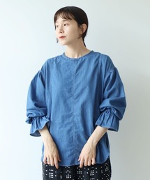 Cotton denim gathered sleeves blouse