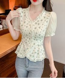 花柄バックリボンウエストタックブラウス