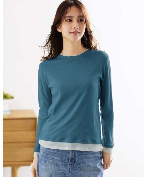 DoCLASSE( ドゥクラッセ)の「コットンガーゼ・配色クルーネック/長袖(Tシャツ/カットソー・レディース・チャコール/カーキ/ライトグレー/ピーコックグリーン系/ブルーグレー/ライトピンク/グレー・L/M/S)」の6枚目の写真