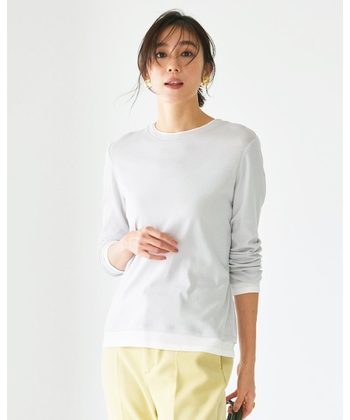 DoCLASSE( ドゥクラッセ)の「コットンガーゼ・配色クルーネック/長袖(Tシャツ/カットソー・レディース・チャコール/カーキ/ライトグレー/ピーコックグリーン系/ブルーグレー/ライトピンク/グレー・L/M/S)」の1枚目の写真