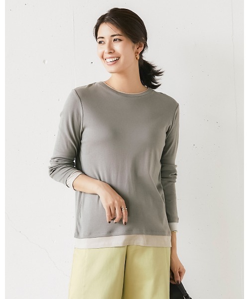 DoCLASSE( ドゥクラッセ)の「コットンガーゼ・配色クルーネック/長袖(Tシャツ/カットソー・レディース・チャコール/カーキ/ライトグレー/ピーコックグリーン系/ブルーグレー/ライトピンク/グレー・L/M/S)」の20枚目の写真