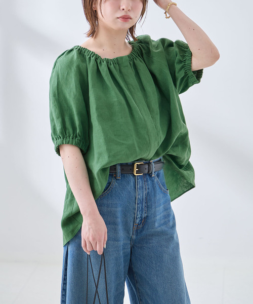 journal standard L'essage(ジャーナルスタンダードレサージュ)の「フレンチリネンギャザーブラウス(シャツ/ブラウス・レディース・グリーン系その他/アイボリー/ブラック・FREE)」の3枚目の写真