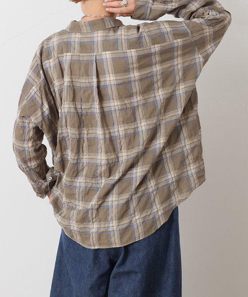 JOURNAL STANDARD LUXE(ジャーナルスタンダード ラックス)の「シャーリングチェック レギュラーカラーBigシャツ(シャツ/ブラウス・レディース・サファリグリーン/ネイビー・FREE)」の3枚目の写真