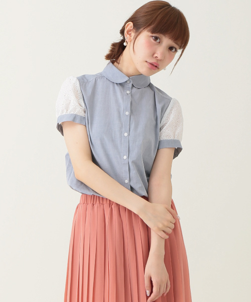 earth music&ecology(アースミュージックアンドエコロジー)の「ラウンドカラーレーススリーブブラウス(シャツ/ブラウス・レディース・オフホワイト/ネイビー/ストライプ/チェック・MEDIUM/SMALL)」の3枚目の写真