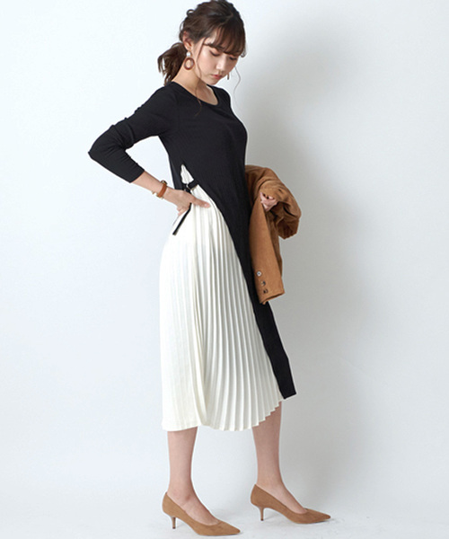 STYLEBLOCK（スタイルブロック）の「ワイドリブ×布帛レイヤードプリーツ切り替え長袖リブワンピース（ワンピース・レディース・ブラック/モカ/レッド系その他/カーキ・M）」の2枚目の写真