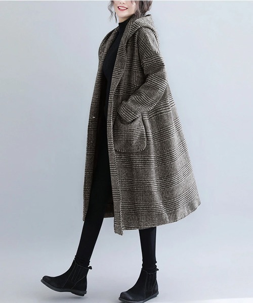 SUGAR BISKET（シュガービスケット）の「グレンチェックゆったりコート（その他アウター・レディース・グレー/モカ・M/L/XL）」の2枚目の写真