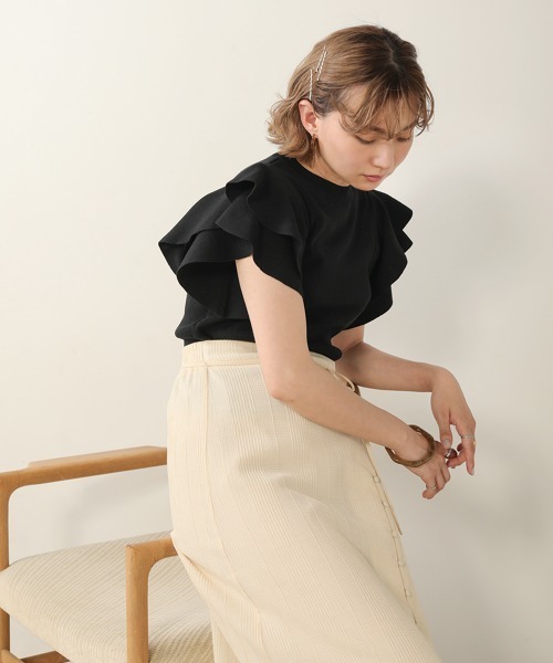 Bab(バブ)の「【WEB限定】フリルスリーブ半袖ニット(ニット/セーター・レディース・ブラック/オフホワイト/ライトグリーン・38)」の18枚目の写真