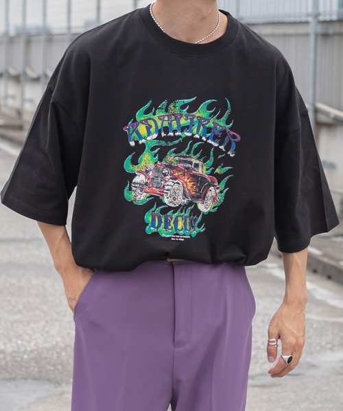 Perushu(ペルーシュ)の「レトロフラワーロックTシャツ(Tシャツ/カットソー・メンズ・ホワイト/チャコールグレー/ブラック/ライトグリーン・MEDIUM/LARGE)」の4枚目の写真