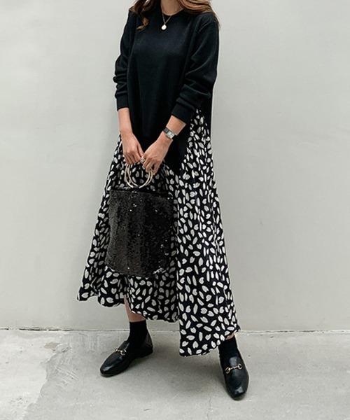 SVEC（シュベック）の「ロング スカート × ニット ドッキング オーバーサイズ ワンピース（ワンピース・レディース・ブラック/ネイビー・FREE）」の17枚目の写真