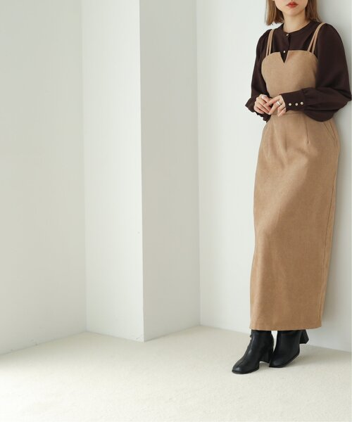 RAY CASSIN（レイカズン）の「Vカットナロージャンスカ（ジャンパースカート・レディース・ワイン/ブラック/ベージュ・FREE）」の8枚目の写真