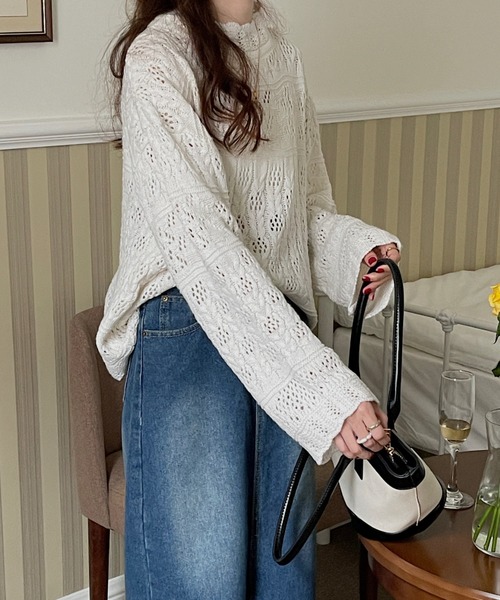 Diosfront(ディオスフロント)の「クロッシェ編みオーバーサイズプチハイプルオーバー(ニット/セーター・レディース・ホワイト/ブラック/ベージュ・FREE)」の10枚目の写真