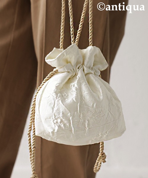 antiqua（アンティカ）の「×コロンと可愛い♪ジャガード織りミニ巾着バック（ショルダーバッグ・レディース・パープル/オフホワイト/グリーン・FREE）」の4枚目の写真