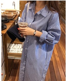 ロング丈 カラーストライプシャツワンピース