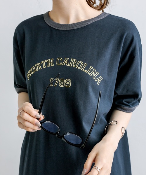 PUAL CE CIN（ピュアルセシン）の「リンガー カレッジロゴ カットソーワンピース（ワンピース・レディース・ネイビー/ナチュラル/グレイッシュベージュ・FREE）」の3枚目の写真