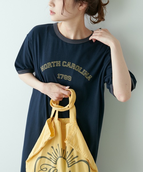 PUAL CE CIN（ピュアルセシン）の「リンガー カレッジロゴ カットソーワンピース（ワンピース・レディース・ネイビー/ナチュラル/グレイッシュベージュ・FREE）」の12枚目の写真