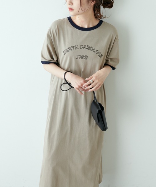 PUAL CE CIN（ピュアルセシン）の「リンガー カレッジロゴ カットソーワンピース（ワンピース・レディース・ネイビー/ナチュラル/グレイッシュベージュ・FREE）」の7枚目の写真