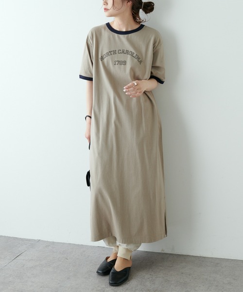 PUAL CE CIN（ピュアルセシン）の「リンガー カレッジロゴ カットソーワンピース（ワンピース・レディース・ネイビー/ナチュラル/グレイッシュベージュ・FREE）」の9枚目の写真