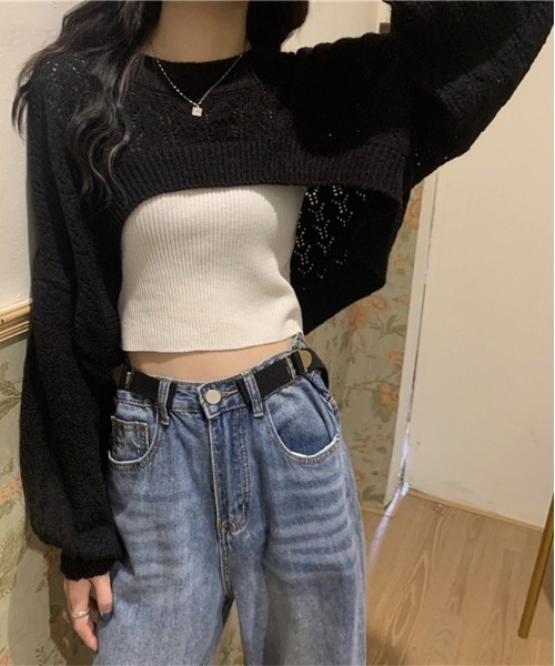 gossip！ロサンゼルス（ゴシップロサンゼルス）の「クロップド丈ルーズニット（ニット/セーター・レディース・ホワイト/ブラック・FREE）」の2枚目の写真