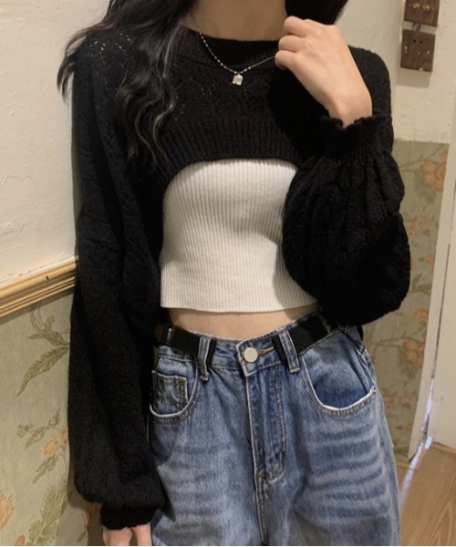 gossip！ロサンゼルス（ゴシップロサンゼルス）の「クロップド丈ルーズニット（ニット/セーター・レディース・ホワイト/ブラック・FREE）」の4枚目の写真