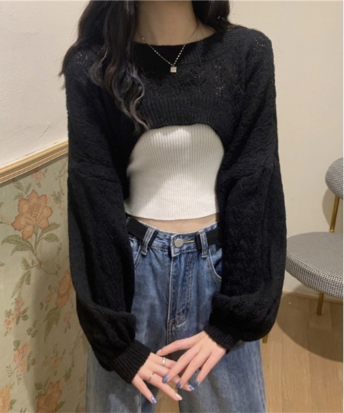 gossip！ロサンゼルス（ゴシップロサンゼルス）の「クロップド丈ルーズニット（ニット/セーター・レディース・ホワイト/ブラック・FREE）」の6枚目の写真