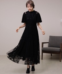 チュール切替フリルレースドレス