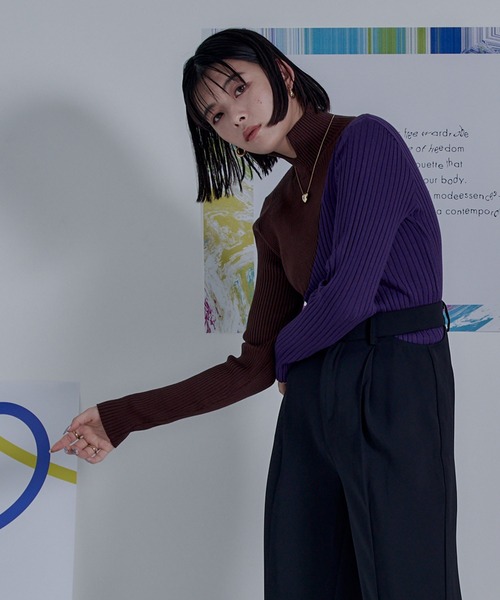 miette（ミエット）の「カーブラインバイカラーリブニット（ニット/セーター・レディース・ブラック/グリーン/ネイビー/ブラウン・FREE）」の8枚目の写真
