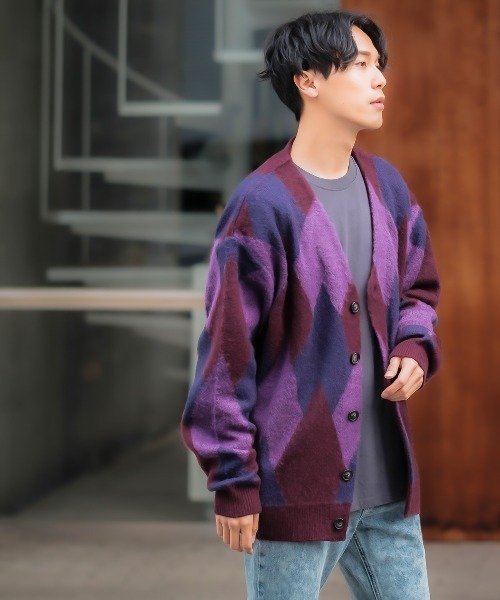 improves（インプローブス）の「【improves】アーガイルライク 幾何学模様 モヘアタッチ カーディガン（カーディガン/ボレロ・メンズ・グレイッシュブルー/パープル/イエロー・LARGE/MEDIUM）」の10枚目の写真