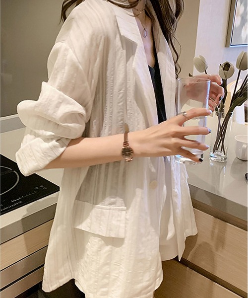 BLANC FICELLE(ブランフィセル)の「オーバーサイズ ストライプ ジャケット(テーラードジャケット・レディース・グリーン/アイボリー・S/M/L)」の4枚目の写真