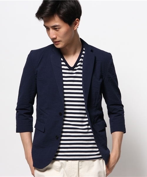 CIAOPANIC（チャオパニック）の「【Ciaopanic】　シアサッカー7分テーラー（テーラードジャケット・メンズ・ブラック/ネイビー・LARGE/MEDIUM）」の2枚目の写真