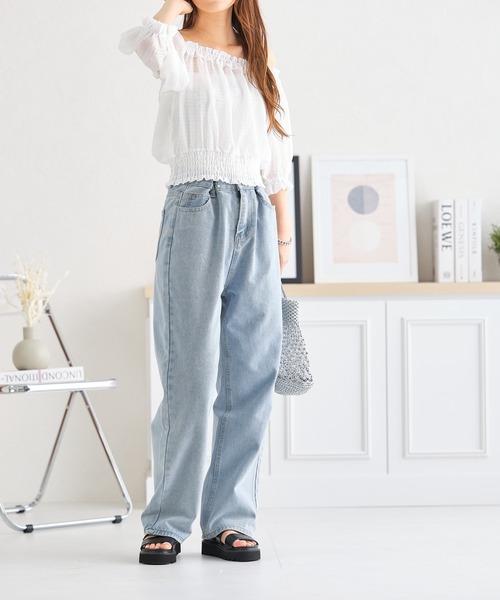 acro（アクロ）の「ウエストホックデザインハイウエストワイドストレートデニム/AC3638（デニムパンツ・レディース・ライトブルー/ブラック/ホワイト/ピンク・M/L）」の5枚目の写真