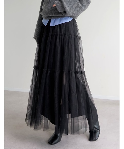Re:EDIT（リエディ）の「[低身長サイズ有][2点セット]2WAYペチコート付きティアードフリルチュールボリュームスカート（スカート・レディース・アイボリー/チャコールグレー/ブラック/レオパード/チェック・LARGE/SHORT/MEDIUM）」の7枚目の写真