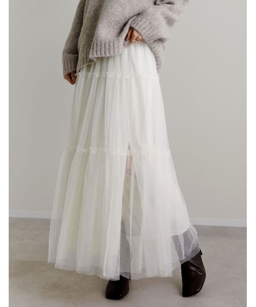 Re:EDIT（リエディ）の「[低身長サイズ有][2点セット]2WAYペチコート付きティアードフリルチュールボリュームスカート（スカート・レディース・アイボリー/チャコールグレー/ブラック/レオパード/チェック・LARGE/SHORT/MEDIUM）」の10枚目の写真