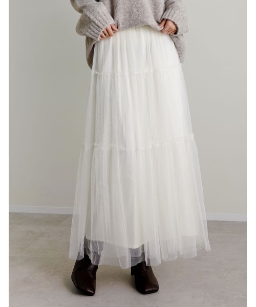 Re:EDIT（リエディ）の「[低身長サイズ有][2点セット]2WAYペチコート付きティアードフリルチュールボリュームスカート（スカート・レディース・アイボリー/チャコールグレー/ブラック/レオパード/チェック・LARGE/SHORT/MEDIUM）」の12枚目の写真
