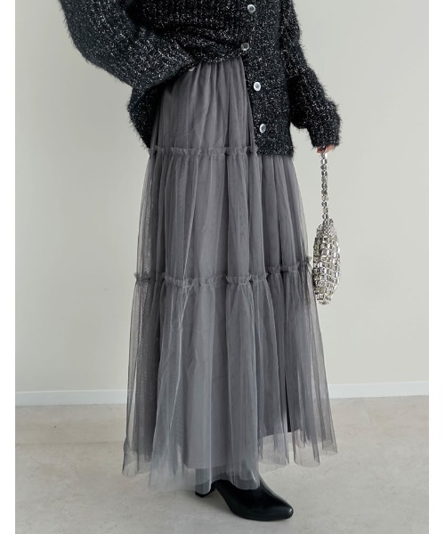 Re:EDIT（リエディ）の「[低身長サイズ有][2点セット]2WAYペチコート付きティアードフリルチュールボリュームスカート（スカート・レディース・アイボリー/チャコールグレー/ブラック/レオパード/チェック・LARGE/SHORT/MEDIUM）」の14枚目の写真