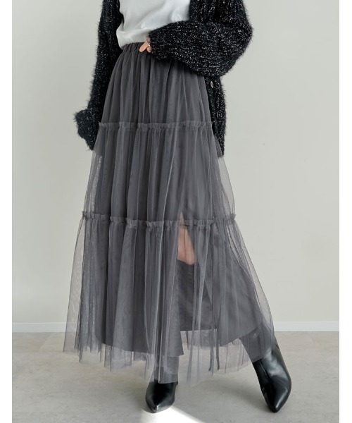 Re:EDIT（リエディ）の「[低身長サイズ有][2点セット]2WAYペチコート付きティアードフリルチュールボリュームスカート（スカート・レディース・アイボリー/チャコールグレー/ブラック/レオパード/チェック・LARGE/SHORT/MEDIUM）」の16枚目の写真