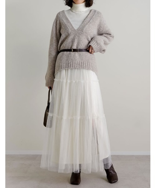 Re:EDIT（リエディ）の「[低身長サイズ有][2点セット]2WAYペチコート付きティアードフリルチュールボリュームスカート（スカート・レディース・アイボリー/チャコールグレー/ブラック/レオパード/チェック・LARGE/SHORT/MEDIUM）」の9枚目の写真
