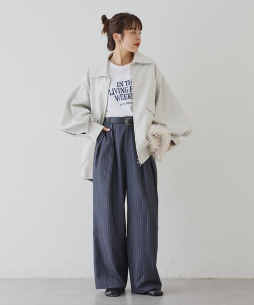 セール】フェイクレザー2WAYスタンドブルゾン（ライダースジャケット