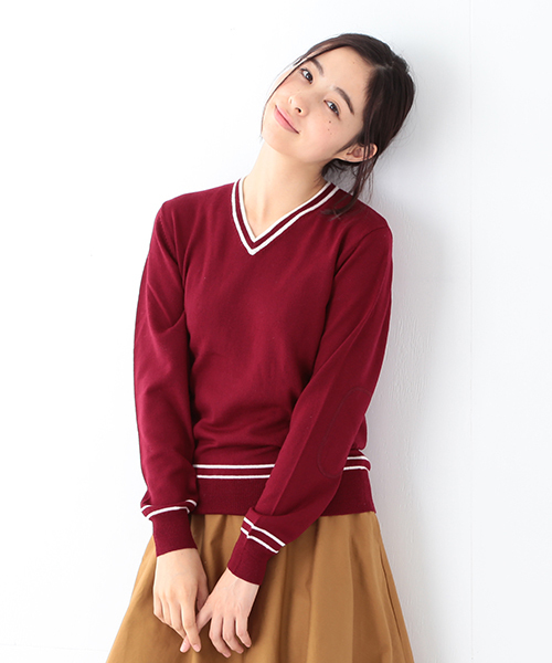 BEAMS BOY（ビームスボーイ）の「BEAMS BOY / 12ゲージ エルボーパッチ ラインV（ニット/セーター・レディース・ネイビー/グレー/ワイン・ONE SIZE）」の3枚目の写真