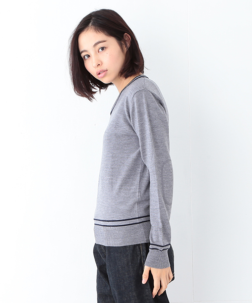 BEAMS BOY（ビームスボーイ）の「BEAMS BOY / 12ゲージ エルボーパッチ ラインV（ニット/セーター・レディース・ネイビー/グレー/ワイン・ONE SIZE）」の19枚目の写真