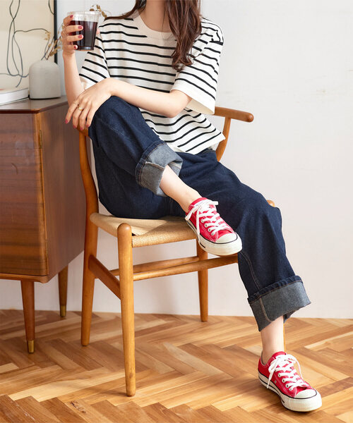 KOBE LETTUCE（コウベレタス）の「内緒のウエストゴム　超楽ストレッチストレートワイドデニム（デニムパンツ・レディース・インディゴブルー/ワンウォッシュ/ブルー/ブルー系2/ブルー系1/ブルー系/ブラック/ライトブルー・L/LL/M）」の7枚目の写真