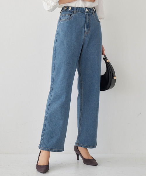 KOBE LETTUCE（コウベレタス）の「内緒のウエストゴム　超楽ストレッチストレートワイドデニム（デニムパンツ・レディース・インディゴブルー/ワンウォッシュ/ブルー/ブルー系2/ブルー系1/ブルー系/ブラック/ライトブルー・L/LL/M）」の4枚目の写真